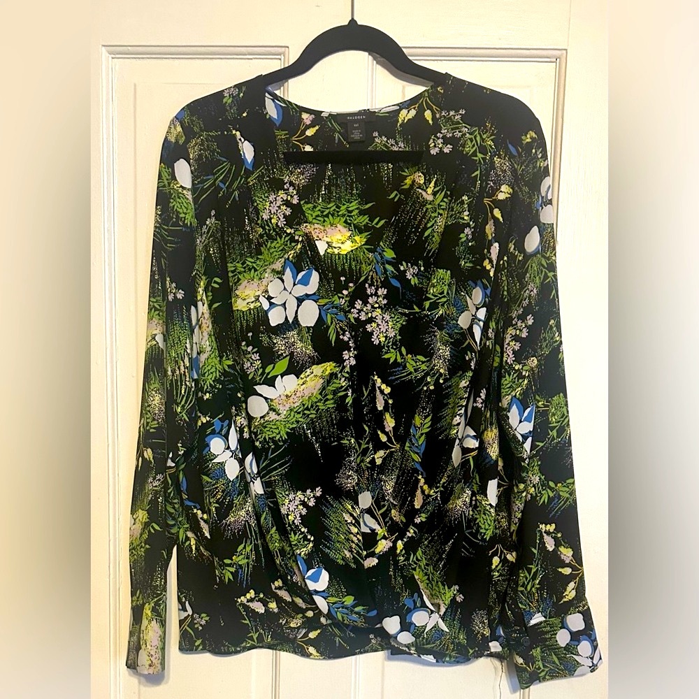 Halogen Black and Green Floral Blouse